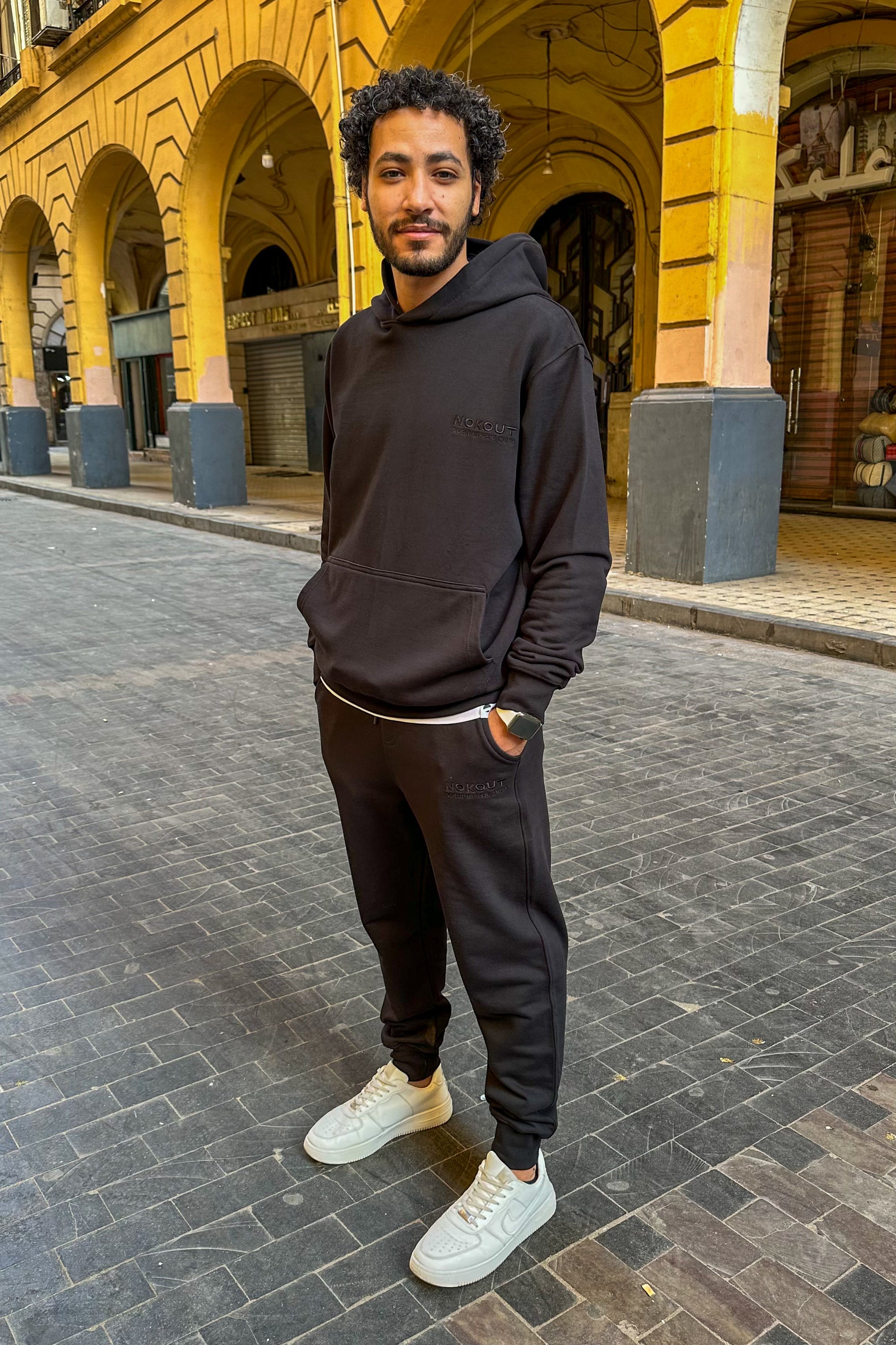 Black Hoodie with Large Cargo Pocket, and Black Classic Joggers Sweatpants