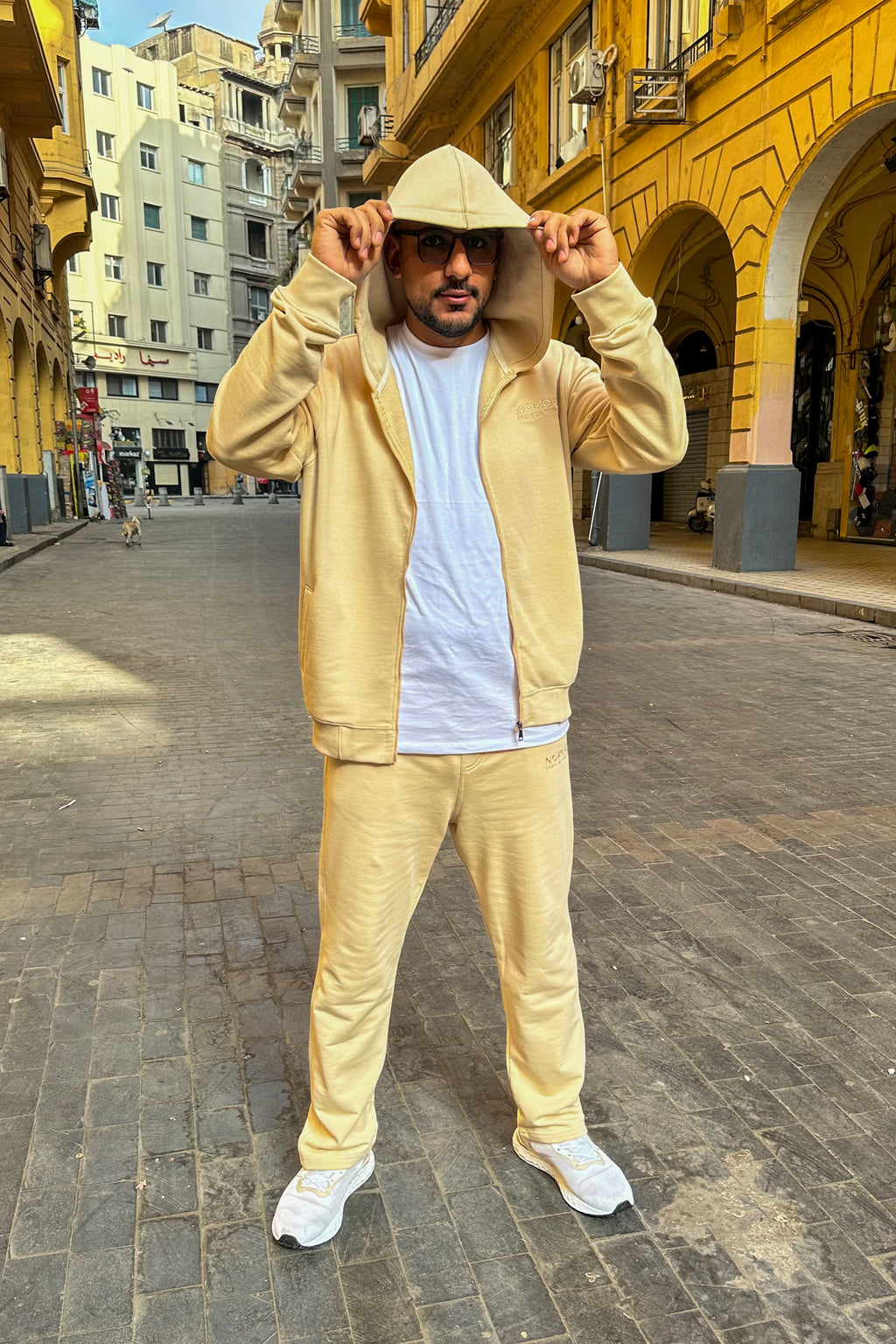 Beige Full Zipper Hoodie, Beige Straight Leg Sweatpants, and White Basic Regular T-shirt