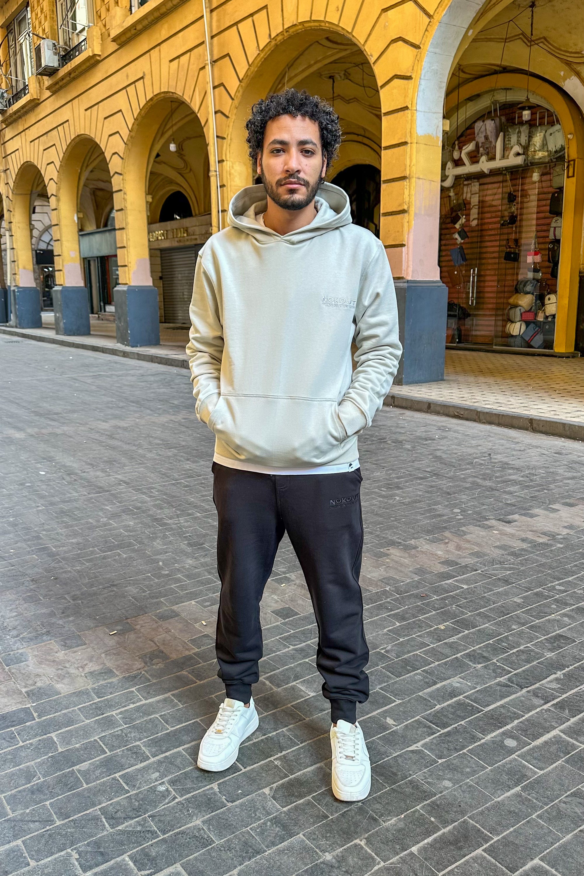 Light Gray Hoodie with Large Cargo Pocket, and Black Classic Joggers Sweatpants