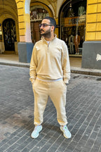 Beige Quarter Zipper Sweatshirt, Beige Cuffed Sweatpants