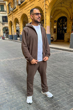 Brown Full Zipper Hoodie, Brown Straight Leg Sweatpants, and White Basic Regular T-shirt