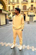 Beige Hoodie with Large Cargo Pocket, and Beige Classic Joggers Sweatpants