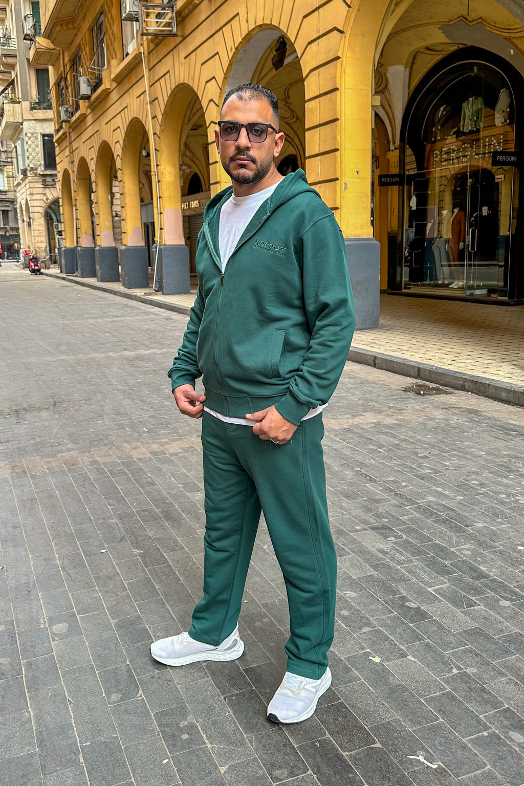 Dark Green Full Zipper Hoodie, Dark Green Straight Leg Sweatpants, and White Basic Regular T-shirt