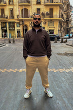 Brown Quarter Zipper Sweatshirt, Beige Cuffed Sweatpants