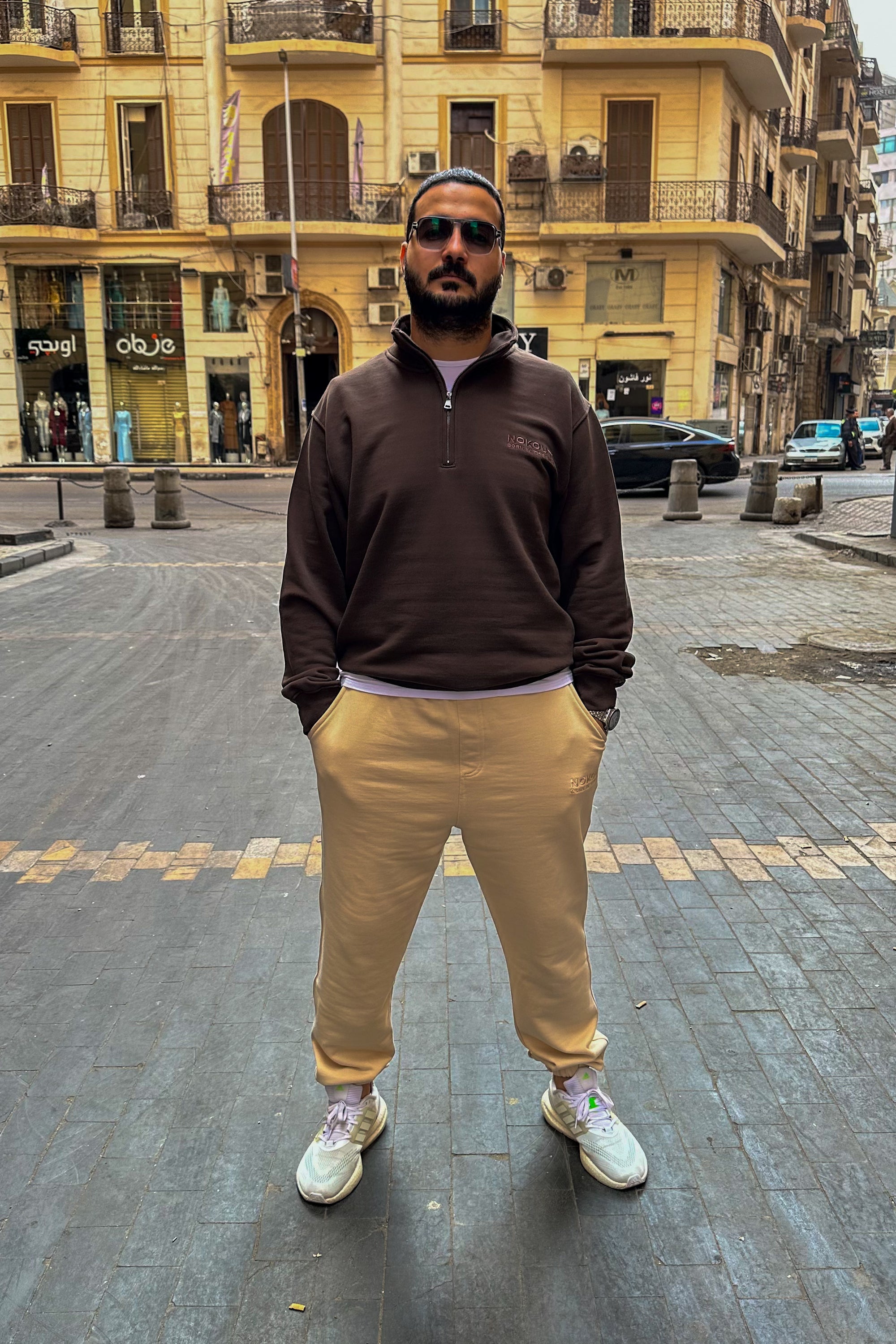 Brown Quarter Zipper Sweatshirt, Beige Cuffed Sweatpants