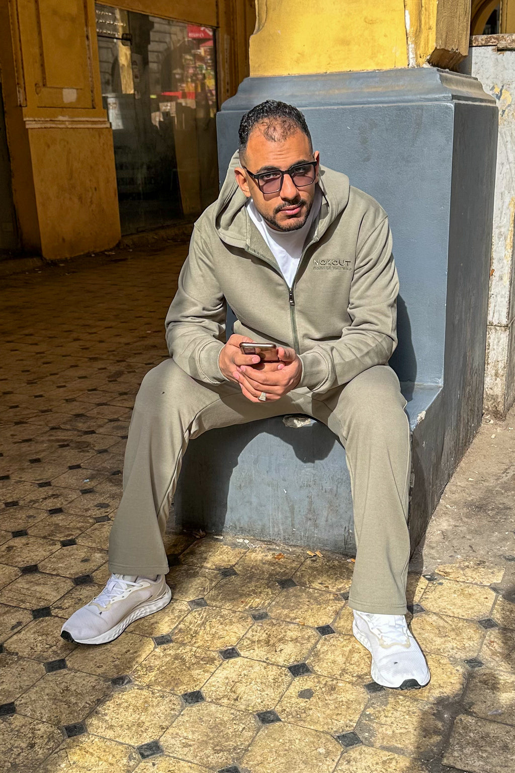 Olive Green Full Zipper Hoodie, Olive Green Straight Leg Sweatpants, and White Basic Regular T-shirt